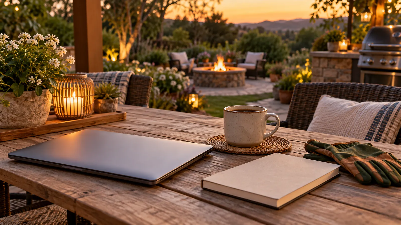 Illustration of a backyard patio table with a notebook and coffee at dusk