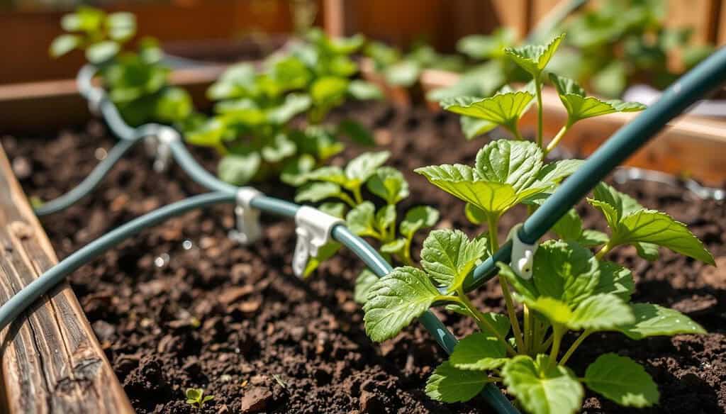 Drip irrigation system in raised garden bed