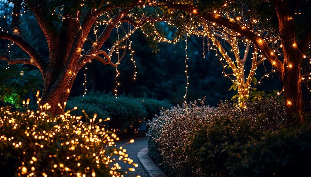 Fairy lights illuminating trees and shrubs