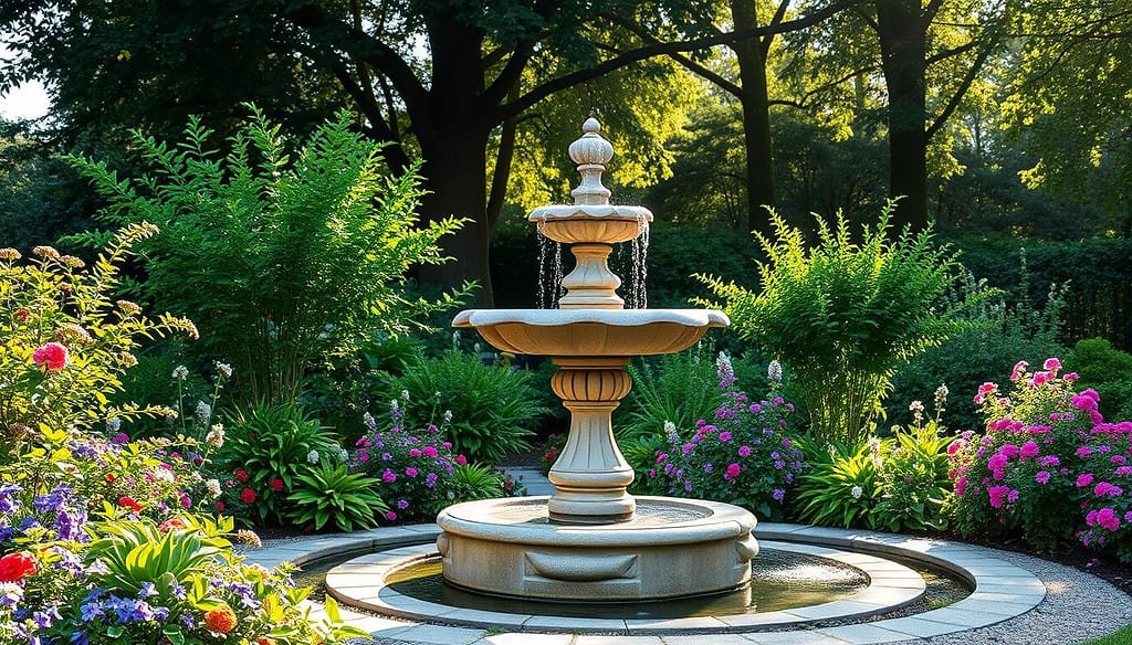 Pedestal fountain in garden