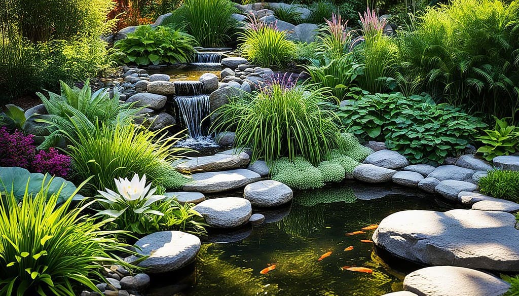 Water feature with aquatic plants